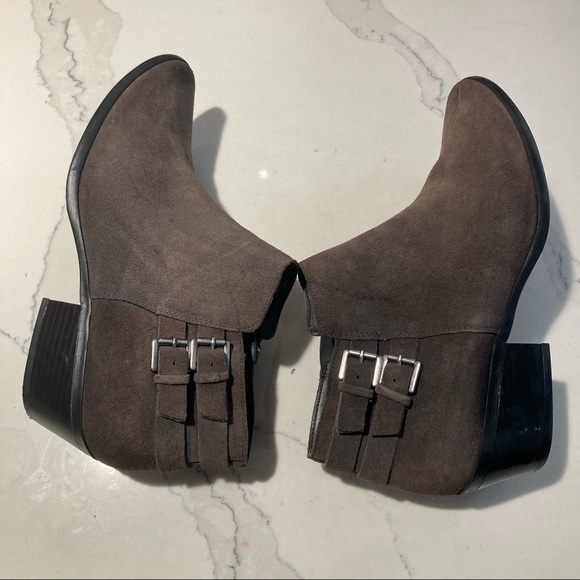 SAM EDELMAN Sz 10 Petal  Suede Cool Brown Buckle Stacked Heel Booties - Picture 7 of 14